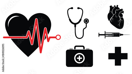 Medical symbols including a heart stethoscope and emergency medical equipment