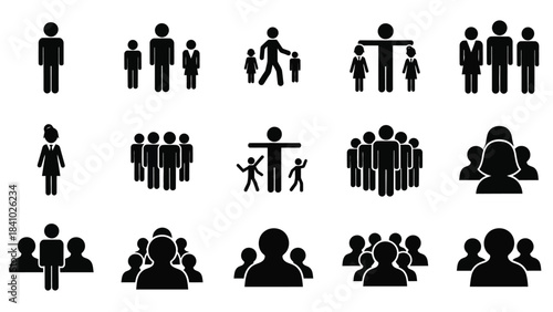 Black silhouettes depicting diverse groups of people and individual figures