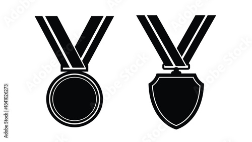 Two black and white medal icons one circular and one shield shaped