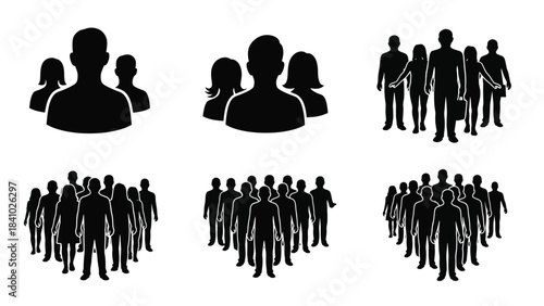 Diverse groups of people represented as black silhouettes varying in size