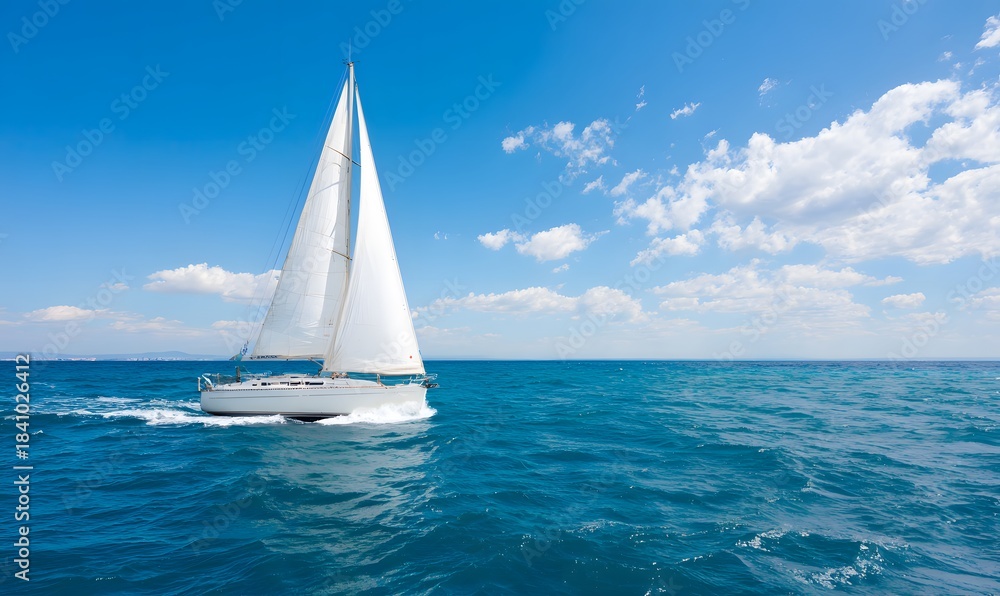 Obraz premium a sailboat with white sails sailing on the blue sea, with bright sunshine and white clouds in the sky
