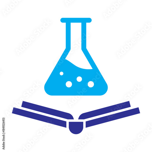 Two-color blue icon of chemistry flask over open book, symbolizing science learning and experiments.