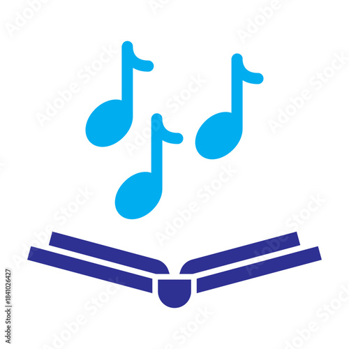 Two-color blue icon of musical notes over open book, representing music education and creative arts.
