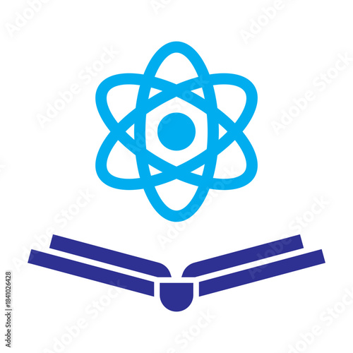 Two-color blue icon of atom over open book, symbolizing science knowledge and STEM learning.