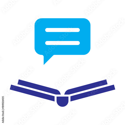Two-color blue icon of speech bubble over open book, symbolizing language learning and communication.
