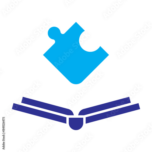Two-color blue icon of puzzle piece over open book, symbolizing problem solving and logic.