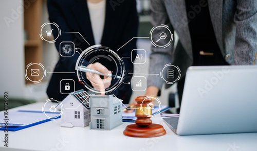 Modern digital real estate contract with agent, property model, legal consultation, smart agreement icons, and technology