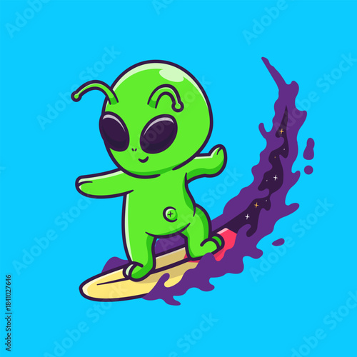 Cute Alien Surfing On Space Wave Cartoon 