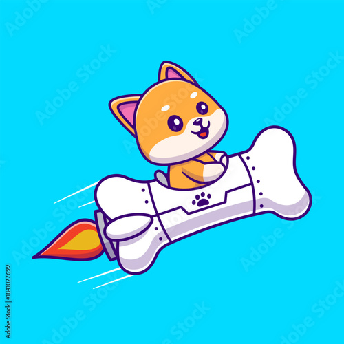 Cute Shiba Inu Dog Riding Bone Rocket Cartoon