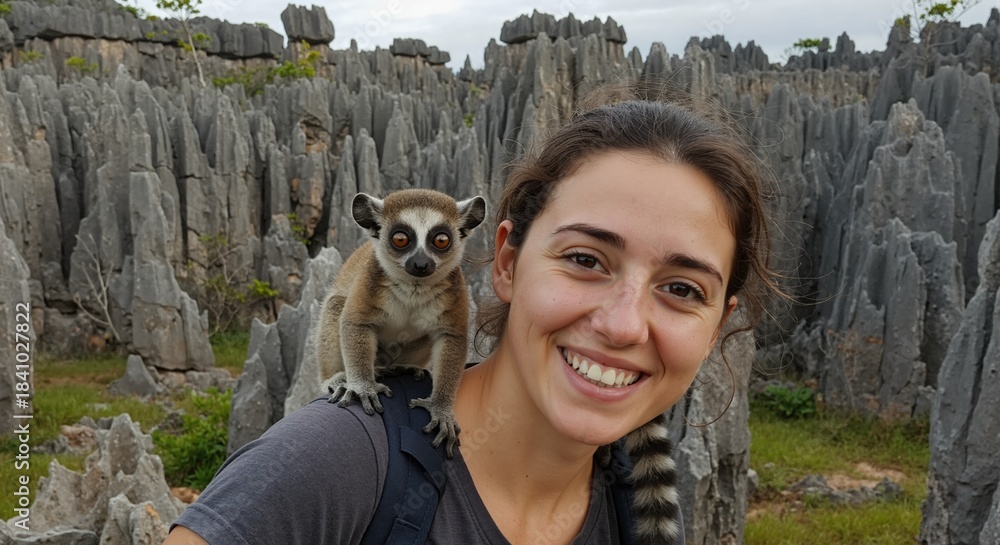 Fototapeta premium Smiling woman takes selfie with ring-tailed lemur on her shoulder in Madagascar. Tourist adventure in unique landscape of Tsingy de Bemaraha National Park