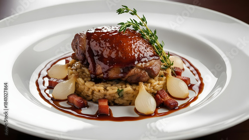 Gourmet Braised Chicken Thigh with Risotto and Pearl Onions.
