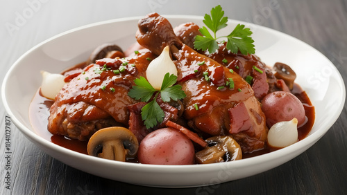 Hearty Coq au Vin Chicken Stew with Mushrooms and Pearl Onions.