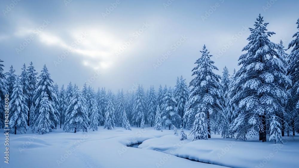 Fototapeta premium Tranquil Snow-Covered Pine Forest with Winding Stream