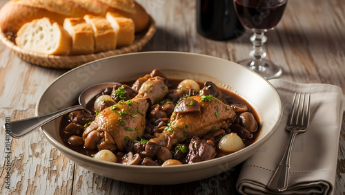 Hearty homemade Coq au Vin stew in a rustic bowl.