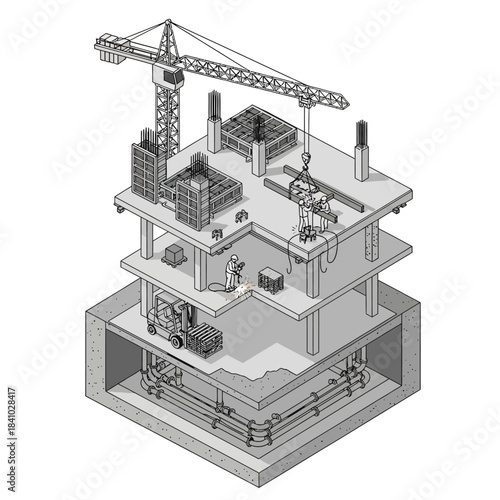 Isometric view of a multi-story building under construction with various stages of work, including foundation, structural framing, and crane operations.