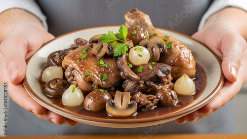 Hands presenting a rustic plate of classic French Coq au Vin.
