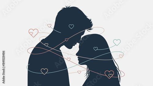 A romantic silhouette illustration of a man and woman with foreheads touching, surrounded by intertwined lines and hearts, symbolizing love and connection.