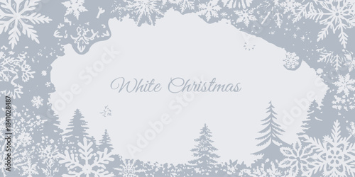 An all-white Christmas background featuring snow, subtle ornaments, frosty pine branches, and delicate festive details in a clean, minimal winter style.
