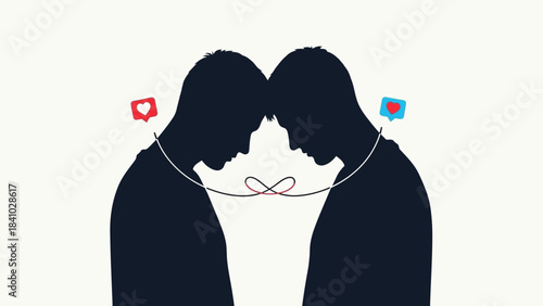 Two silhouettes of people connected by a red string forming an infinity symbol, with social media like icons above their shoulders, symbolizing connection and digital interaction.