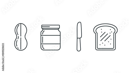 Line art icons of a peanut, a jar of peanut butter, a knife, and a slice of bread, representing ingredients for a snack.