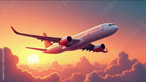 Colorful 2D Cartoon Airplane Flying Smoothly Through Sunset Clouds in Vibrant Sky Animation Footage