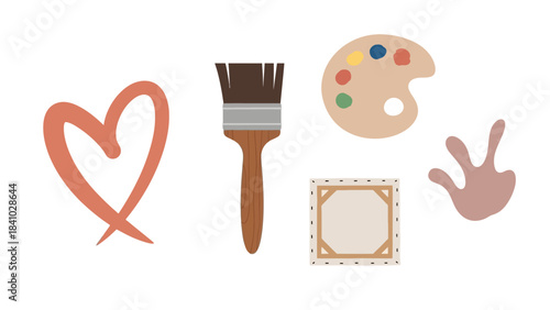 A collection of art-related items including a paintbrush, palette, canvas, heart, and hand gesture on a white background, representing creativity and hobbies.