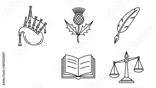 Scottish Symbols Illustration: A collection of iconic Scottish symbols, each meticulously illustrated in a clean, elegant style, showcasing the rich heritage and culture.