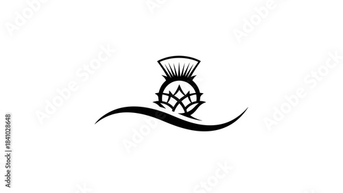 Black and white stylized thistle flower logo with a curved line underneath, representing a Scottish emblem or nature.