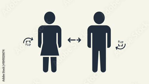 Two stick figures, a female and a male, maintaining social distance with flip icons.