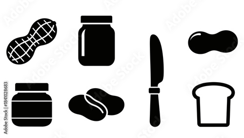 Collection of black silhouette icons representing peanuts, peanut butter, and related items like bread and a knife.