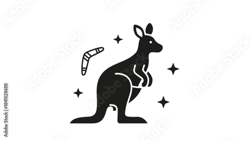 A black silhouette of a kangaroo with a joey and a boomerang, surrounded by stars, representing Australia.