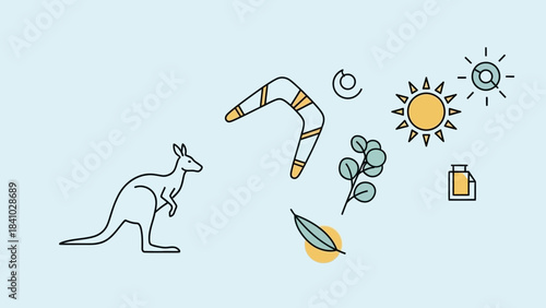 Line art illustration of Australian symbols including a kangaroo, boomerang, eucalyptus leaves, and sun icons on a light blue background.