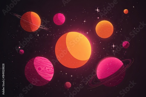 Pixelated Planets and Rings in Neon Hues Against a Dark Starry Expanse