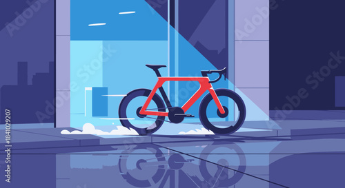 A sleek red racing bicycle is parked outside a modern building at night, illuminated by a cool blue light with reflections on the wet ground.