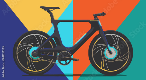 A sleek, dark, futuristic bicycle with innovative wheel designs is featured against a vibrant, geometric background of colorful triangles.