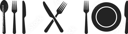 cutlery, silverware, fork, knife, spoon, plate, dining, eating, meal, food, restaurant, kitchen, table setting, service, utensil, black and white, silhouette, graphic, illustration, design element, is
