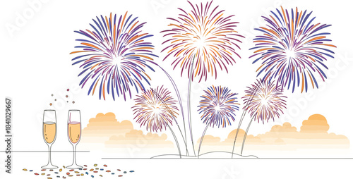Colorful celebration flower fireworks explosion vector design pattern over the city night sky