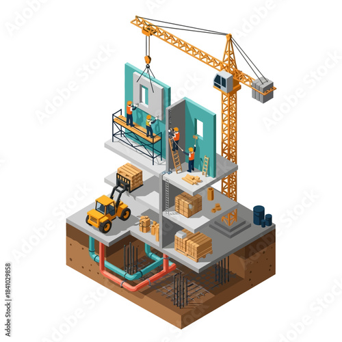 Isometric view of a multi-story building under construction with a crane, workers, and a forklift, showing foundation, walls, and interior work.