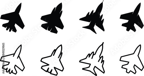 fighter, poses, fast, sleek, set, combat, view, collection, silhouette, speed, aerial, black, flight, warplane, jet, military, aircraft, [converted], side, modern, outline, background, airplane, aviat