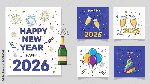 Set of celebration cards and images for happy new year 2026
