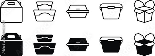  food, drink, takeout, white, bucket, solid, packaging, container, styles, disposable, meal, black, [converted], outline, dinner, various, box, lunch, delivery, to go, set, collection, simple, silhoue