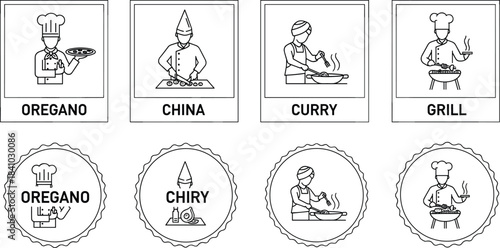 Bali travel and culture icons vector set, silhouettes of palm trees, Hindu temples, Buddha statue, surfing, monkey, dolphin, and Mount Agung volcano elements.