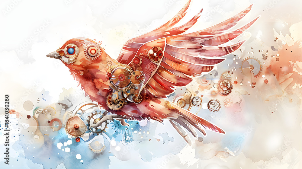 Fototapeta premium fantasy mechanical bird watercolor illustration