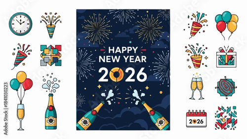 Celebration of new year 2026 with fireworks and festive decorations