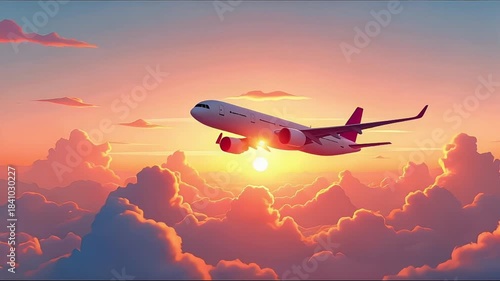 Colorful 2D Cartoon Airplane Flying Smoothly Through Sunset Clouds in Vibrant Sky Animation Footage