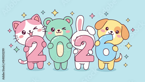 Cute cartoon animals holding numbers representing the year 2026