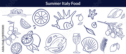 Summer Italy food print, hand drawn travel Mediterranean icon set Italian vintage vacation emblem. Traditional cuisine elements, Amalfi lemon silhouette wine glass bottle. Italy summer coastal big set