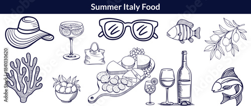 Summer Italy food print, hand drawn travel Mediterranean icon set Italian vintage vacation emblem. Traditional cuisine elements, Amalfi lemon silhouette wine glass bottle. Italy summer coastal big set