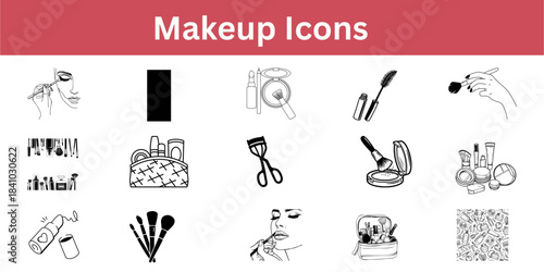 Makeup Outline Icons: Vector Set of Cosmetics, Beauty Tools, Brushes, and Application Symbols