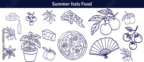 Summer Italy food print, hand drawn travel Mediterranean icon set Italian vintage vacation emblem. Traditional cuisine elements, Amalfi lemon silhouette wine glass bottle. Italy summer coastal big set